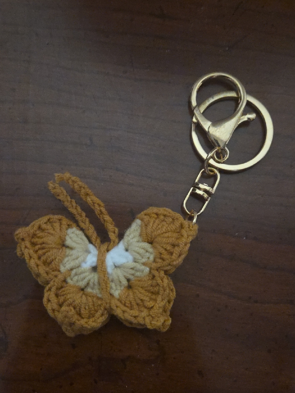 Handmade Crocheted Butterfly Keychain - Mustard and Cream
